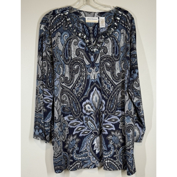 Alfred Dunner Women 2X Embellished Paisley Print Top Tunic 3/4 Sleeve Blue Gray - Picture 1 of 6